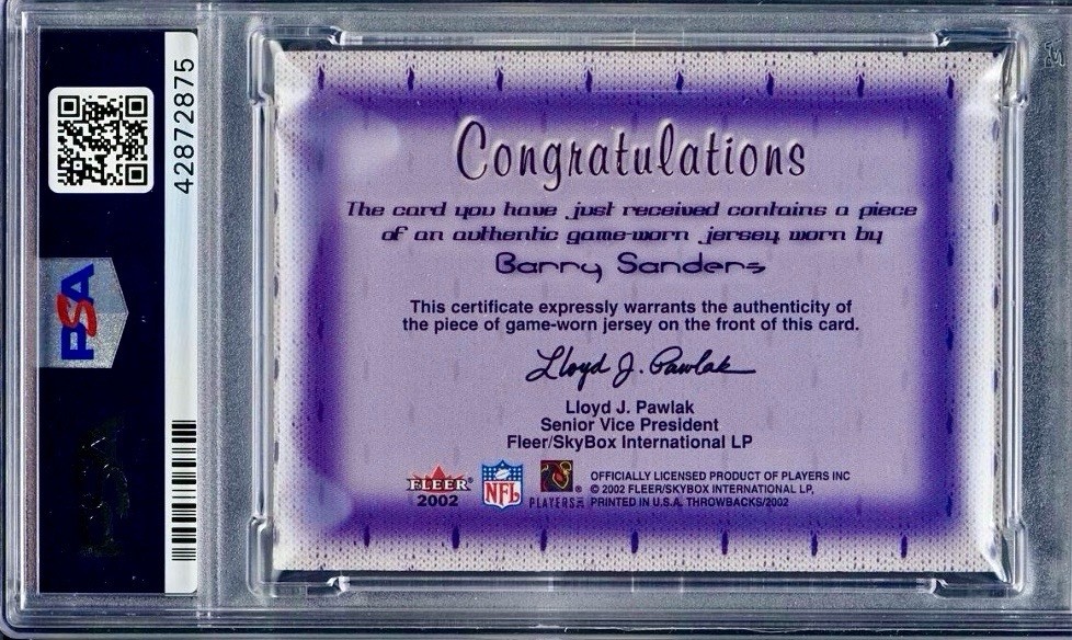 POP 3 PSA 10 Barry Sanders 2002 Fleer Throwback Game Worn Jersey Patch Game Used view 2