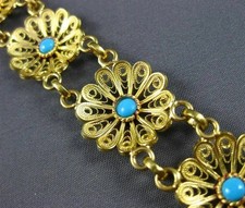 ANTIQUE LONG WIDE TURQUOISE 18K YELLOW GOLD 3D HANDCRAFTED FLORAL BRACELET 24136