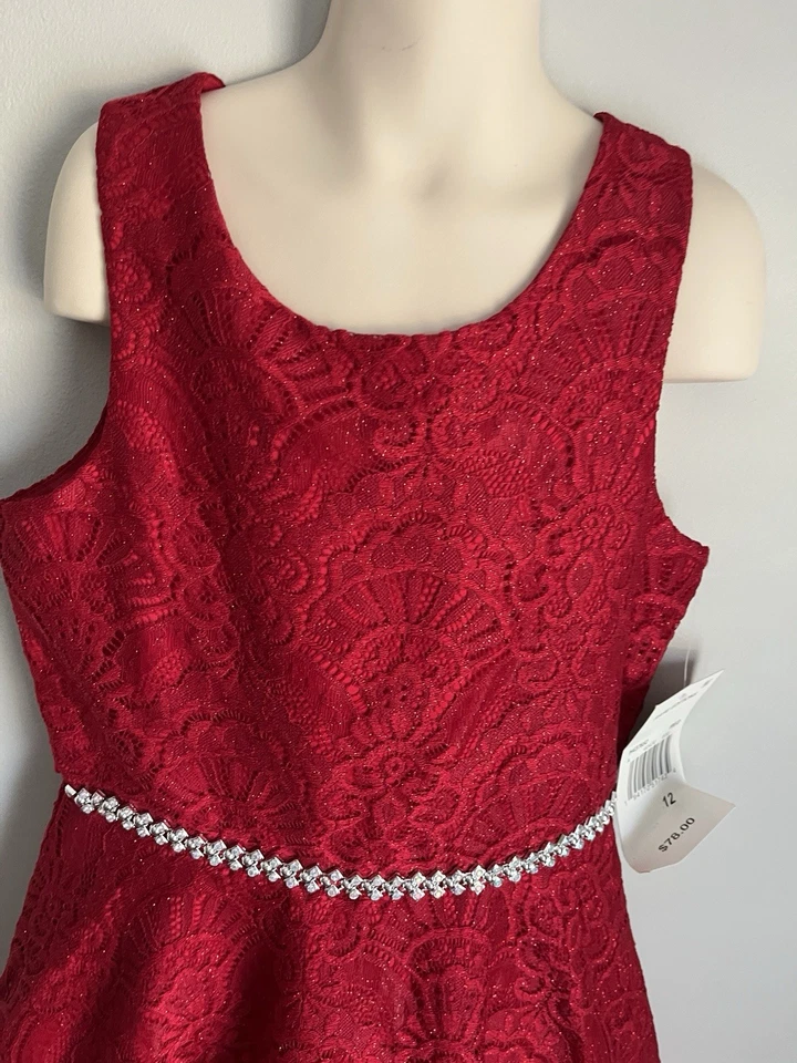 New Rare Editions Girls Red Metallic Lace Jewel Holiday Party SleevelessDress 12 - Image 2 of 4