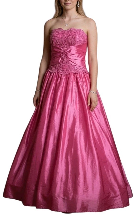 Y2k 90s Women Pink Satin Lace Beaded Strapless Fairycore Formal Prom Dress Sz 14