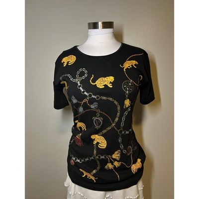 Vango Paris Euro y2k Vintage Leopard Chain Print Top Black Short Sleeve French M