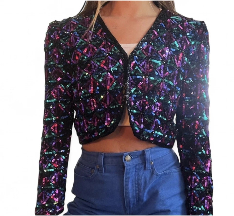 Blazer Laurence Kazar Seda Lentejuelas Cuentas PS 80s Púrpura Fiesta Vacaciones Foto 4 de 4