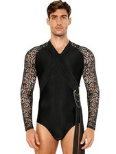 US Mens Bodysuit Layer Leotard Openable Crotch Jumpsuit One-piece Latin Tassel