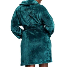Victoria's Secret Plush Cozy Short Robe with Embossed Logo Dark Green XL/XXL NWT