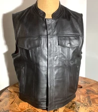 Conceal Carry Black Leather Vest- Motorcycle Club Style- Flannel Lined Men's 2XL