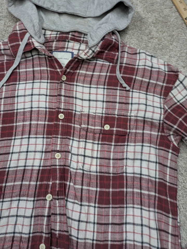 American Eagle Hooded Flannel Jacket Mens M Medium Red Plaid Button Super Soft - Image 3 of 4