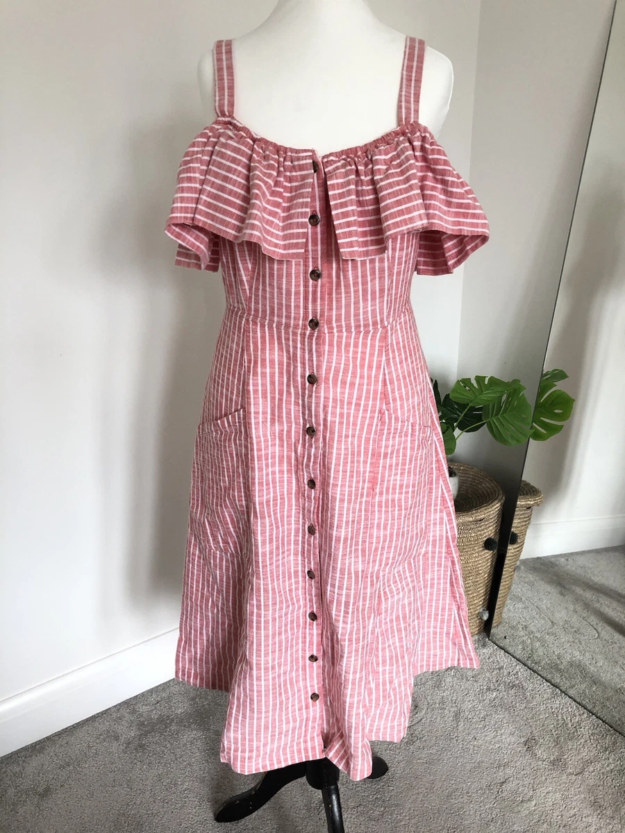 NEXT Bardot City Day Dress UK 10 Red White Stripe Off Shoulder Summer Holiday
