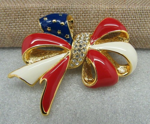 JOAN RIVERS VTG PATRIOTIC STARS & STRIPES SWARVOSKI CRYSTAL BOW PIN BROOCH NEW - Picture 4 of 7