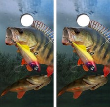 Perch Striking A Lure Cornhole Board Wrap LAMINATED Decal Vinyl Sticker 4375