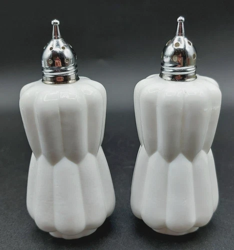 Vintage White Milk Glass Salt & Pepper Shakers Chrome Lids Crafted in Japan