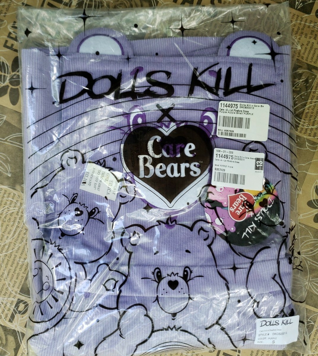 NWT Dolls Kill Care Bears Care-A-Lot Pinafore Overall Dress Purple ~ SIZE  SMALL | eBay