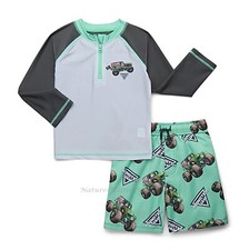 Monster Jam Boys Swimsuit Swim Trunks Rash Guard Shirt Shorts Size 18M 2 3 4 5