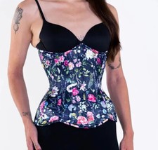 LE 426 Longline Satén 22” Azul Marino Floral Auténtico Corsé Bajo el Busto