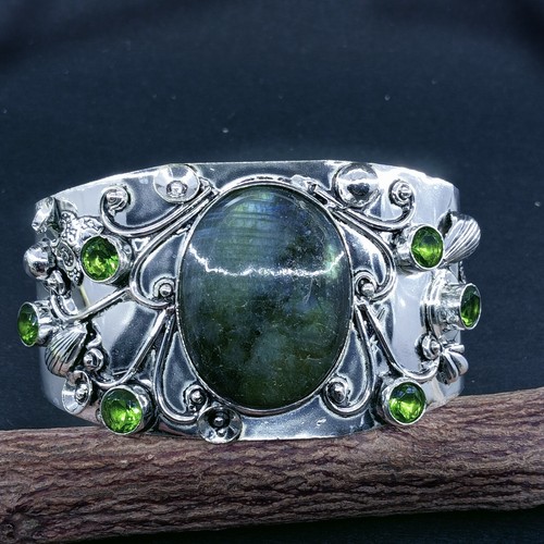 925 Sterling Silver Labradorite & Green Peridot Gemstone Jewelry Cuff Bracelet - Picture 4 of 8