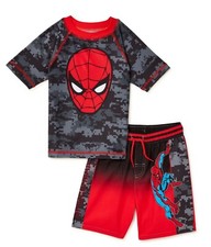 Sz 4-7 Spiderman Swimsuit Swim Trunks Short Rash Guard Shirt Boys Marvel Avenger