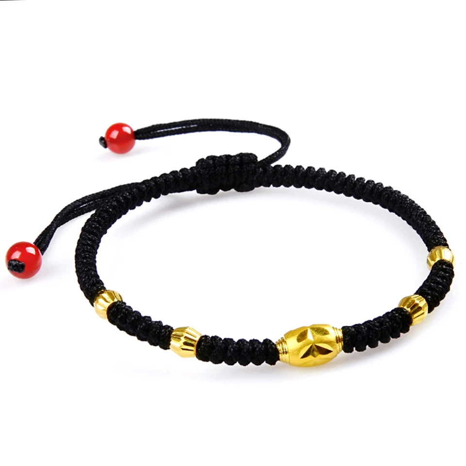 1PC Pure 999 24k Yellow Gold Beads Men Women Black Cord Knitted Braided Bracelet - Image 2 of 4