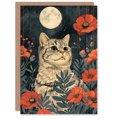 Geburtstagskarte Scottish Fold Katzenliebhaber Vollmond Mohnfeld Grußkarte