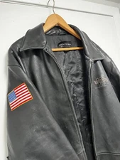 Port Authority Mens Leather Bomber Jacket Size XL Black  Outdoor Winter USA flag