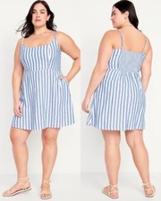 Old Navy Women's Fit & Flare Linen-Blend Mini Dress Blue/White Size XXL 2X 4X