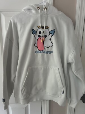 GRAF&WU White Sweatshirt Hoodie Size Large Unisex Boo Ghost Angel White