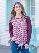 Aztec Print  Long Sleeve Front Tie Long Sleeve Top Medium