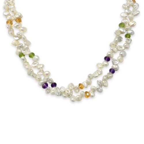Pearl, Peridot, Citrine, & Amethyst 17” Beaded Double Necklace - Picture 1 of 3