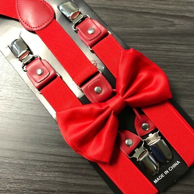 Red 4 Clips Suspender + Clip on Bow-Tie Matching Set for Adults Men Women (USA)