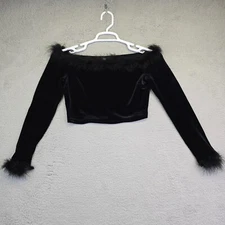 Allegra K Velour Crop Top Womens XS Black Fur Trim Club Rave Whimsigoth Glam