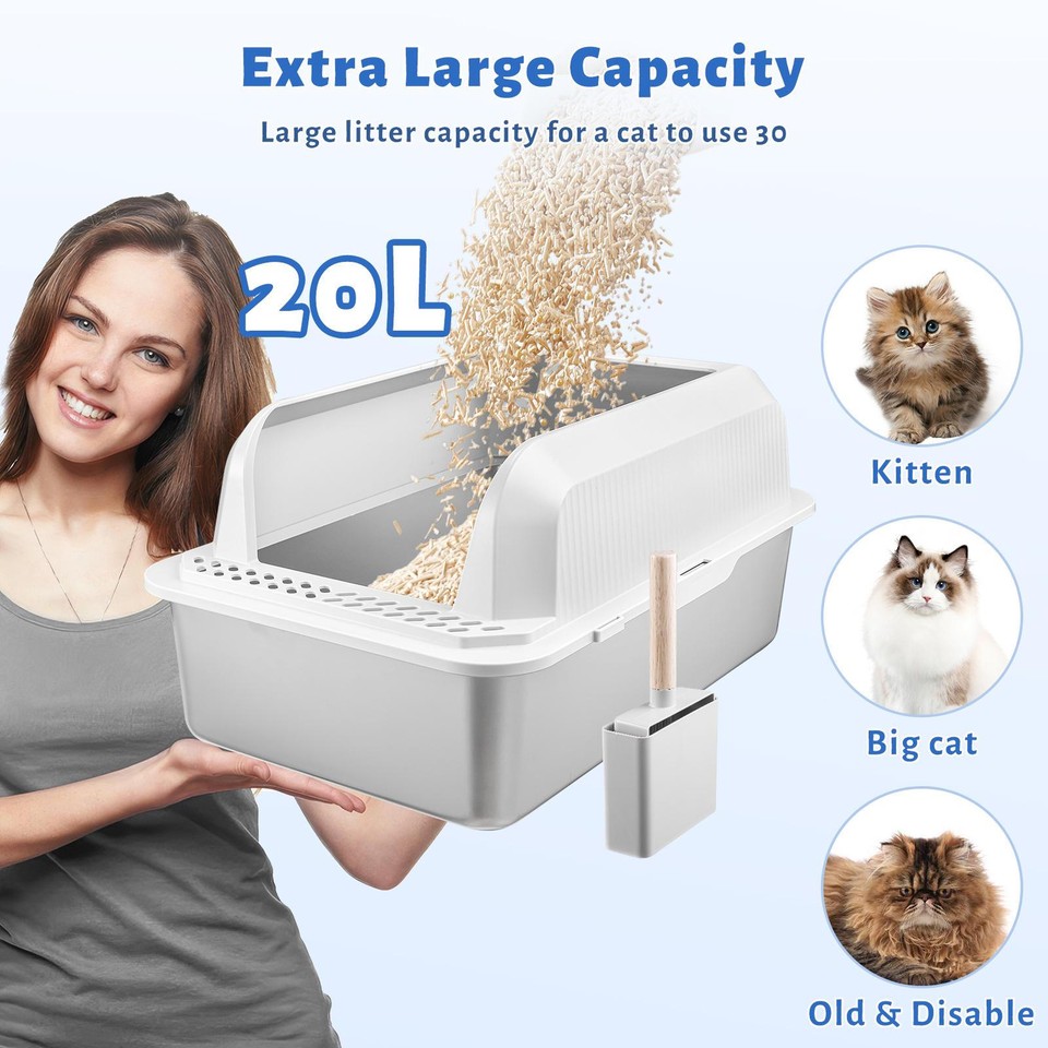 Enclosed Sides Stainless Steel Cat XL Litter Box Keep Litter In the Pan