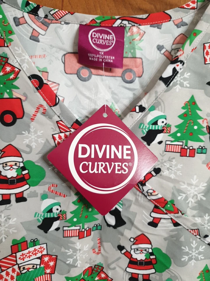 Divine Curves Women's Scrub Top Santa Clause & Penguin Size 1X NWT - Image 2 of 4