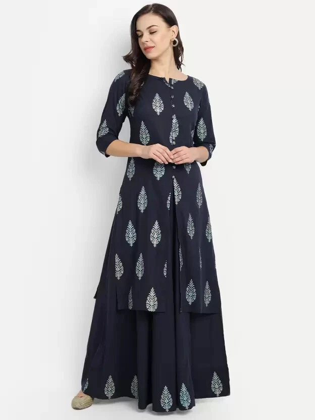 Fashion Stylish Blue Cotton Printed Kurti With Fancy Skirt | Bhadar