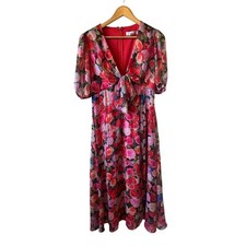 Ieena for Mac Duggal Floral Midi Dress Tie Front Sheer Sleeve Size 8