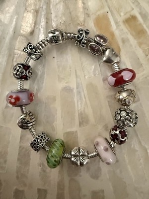 PANDORA Signed Silver Snake Chain Charm Bracelet Barrel Clasp Glass Beads