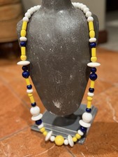 VINTAGE GLAM ERA 1980 LUCITE BLUE YELLOW WHITE BEAD 32" NECKLACE BOLD CHUNKY EUC