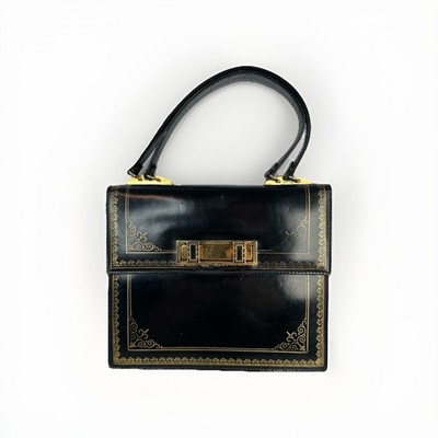 Vintage Scuola Del Cuoio Black Leather Top Handle Kelly Bag W/ Gold Accents