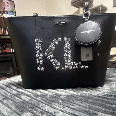 Karl Lagerfeld Paris Black Logo Studded Zip Tote w/ Coin Purse