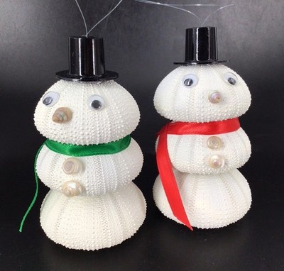 Vintage Pair Sea Urchin Snowman Christmas Ornament  Googly Eyes Beach coastal
