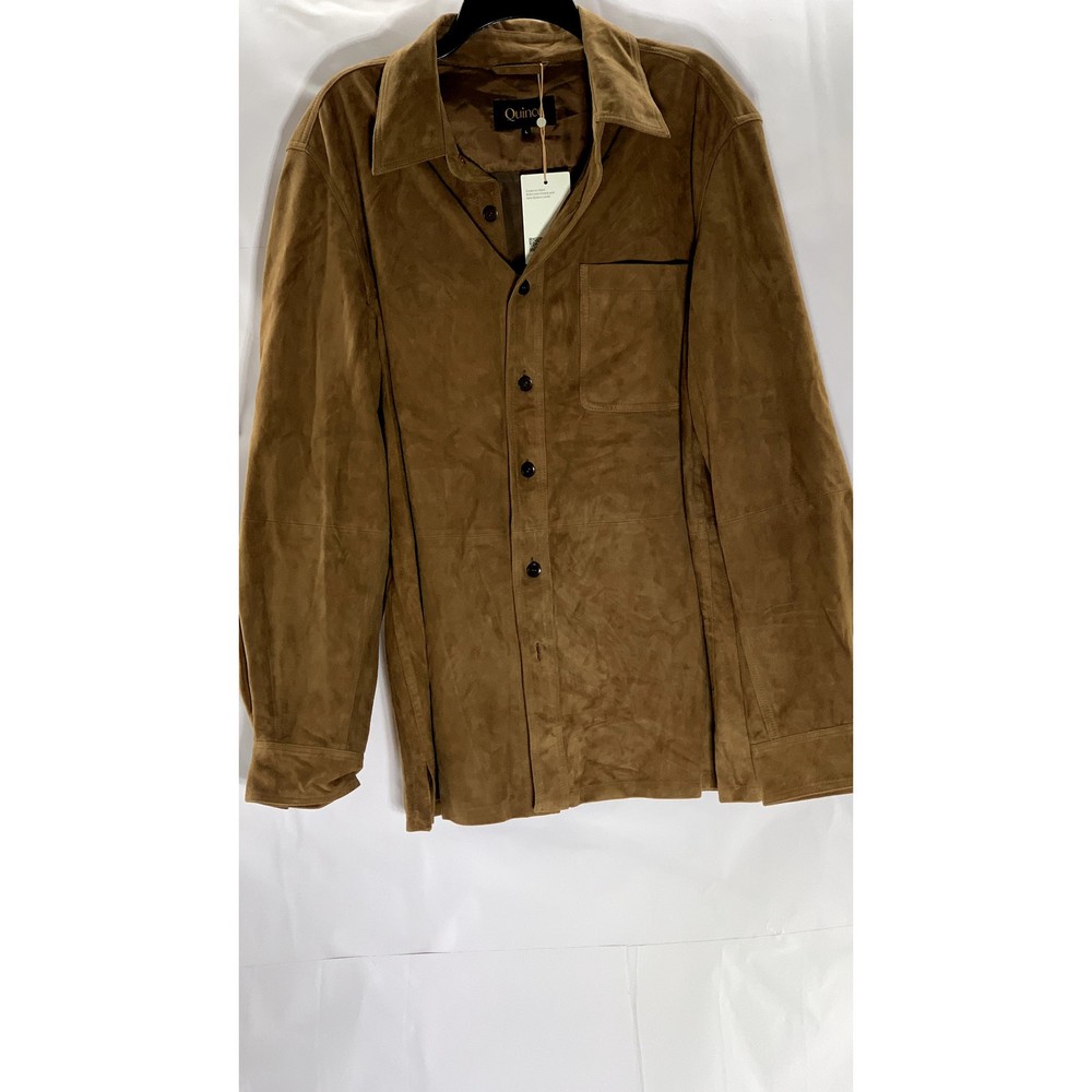 Men's Dark Chestnut Suede Button-Up Overshirt Long Sleeve Size L