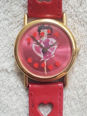 Ladies Vintage Betty Boop Red Dial Red Leather Watch Needs Battery Tested Good