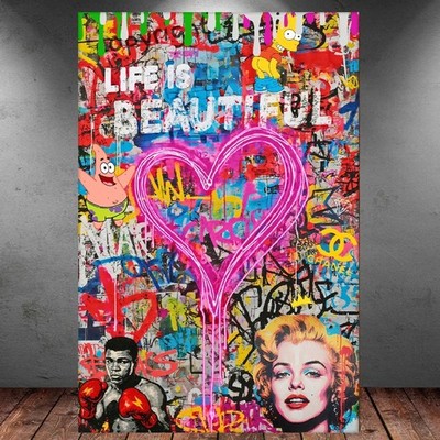 LEINWAND BILD ER XXL ABSTRAKT POP ART GRAFFITI LIFE IS BEAUTIFUL COLLAGE BUNT