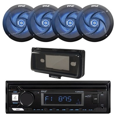 Pyle Marine Bluetooth Receiver w/Cover, 4x 4'' 100W Blue LED Audio Speakers