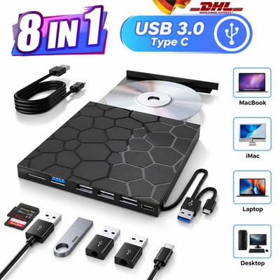 8-in-1 USB 3.0 Externes CD/DVD Laufwerk Brenner Player mit Type C für Laptop PC