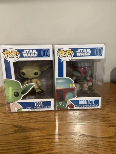 Boba Fett & Yoda Funko Pops #08 & 02 BLUE BOX LARGE FONT (1st Release) Star Wars