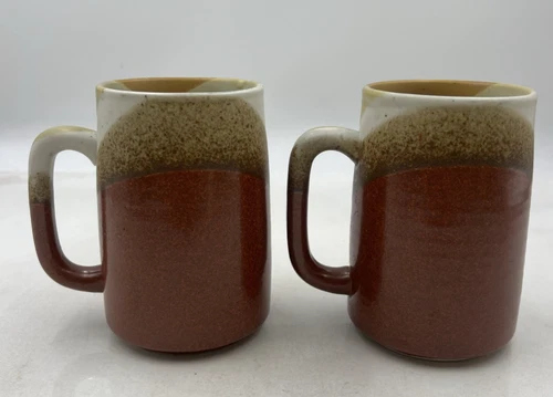 Vintage Stoneware Ceramic Mugs 5.25" Drip Glaze Handmade Pottery Coffee Cup pAIR