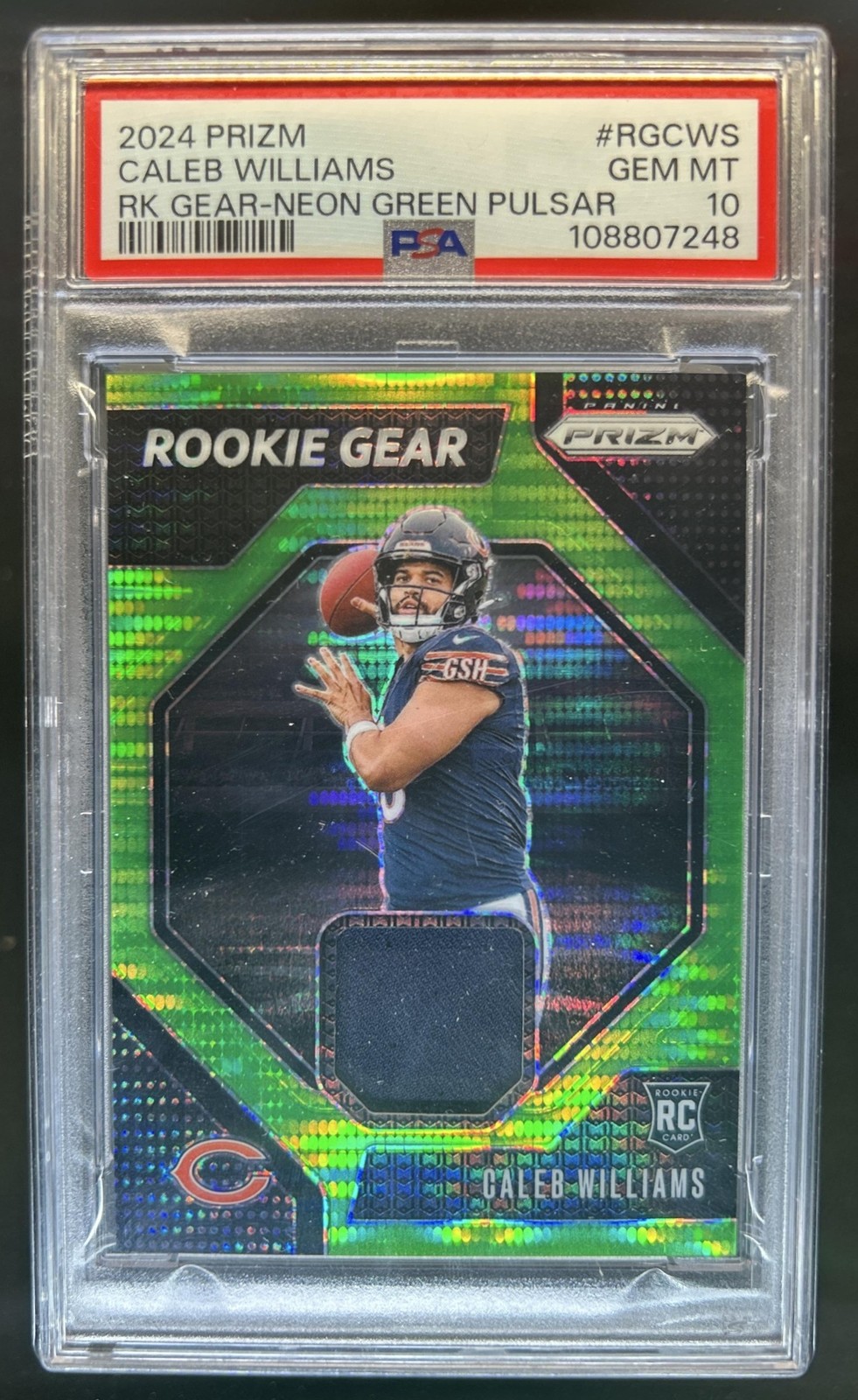 2024 Panini Prizm Caleb Williams Rookie Gear RC Neon Green Pulsar #RG-CWS PSA 10