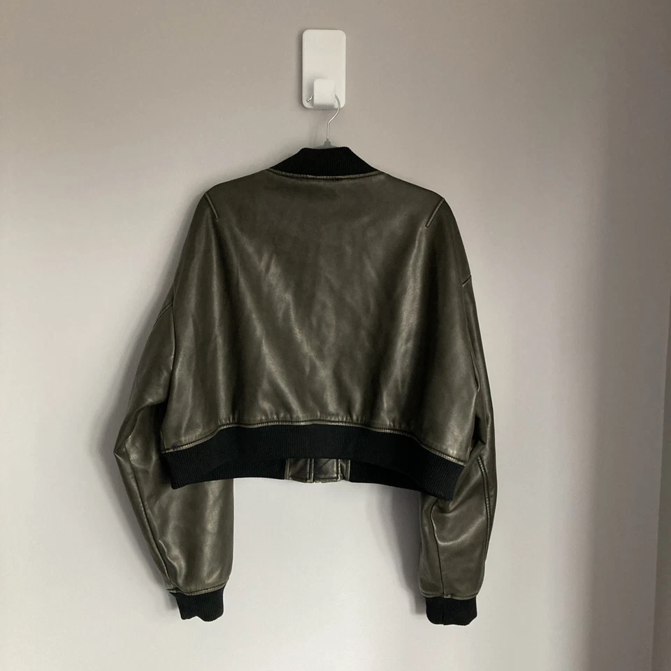 Boohoo Faux Leather Bomber Jacket Womens UK 16 Cropped Aviator Relaxed Boxy - Image 3 of 4