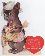 BOSTON TERRIER DOG VALENTINES DAY CARD 1930s MECHANICAL VALENTINE DieCut BULLDOG