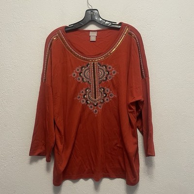 Chico's 3R/US XL Embroidered Burnt Orange Rust 3/4 Sleeve Tunic Top Sequins Boho