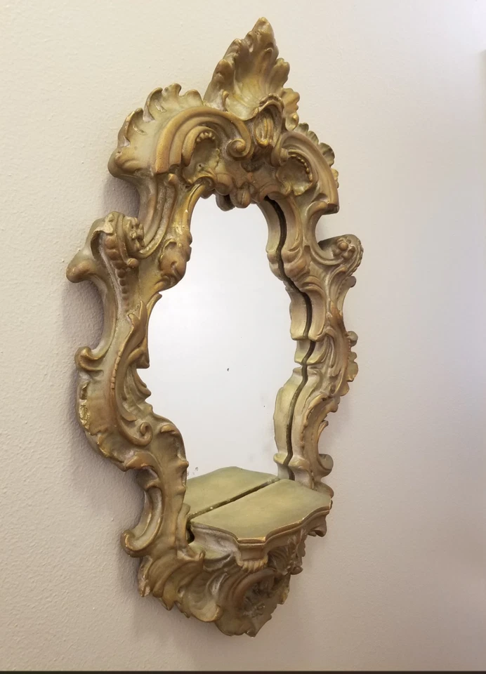 Espejo de pared antiguo ornamentado estilo rococó francés paquete dorado con repisa pequeña Foto 4 de 4