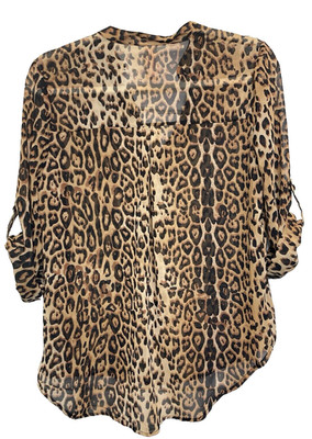 Brown, Black & Tan Sheer Cheetah Print Blouse No Boundaries Size 7-9 Roll Tab